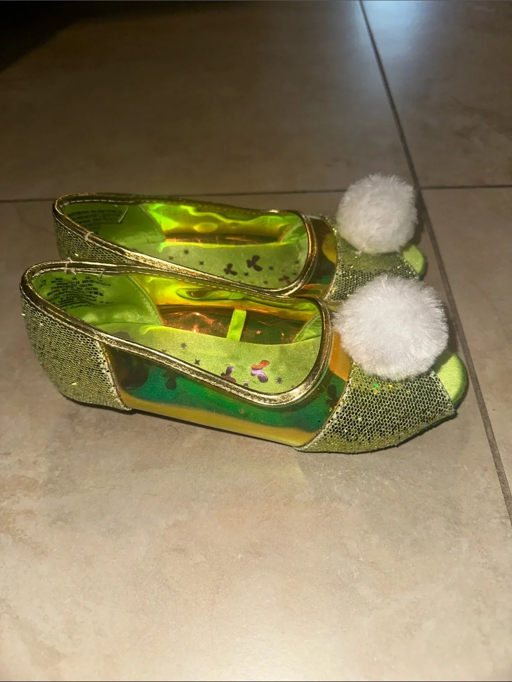 Disney’s Tinkerbell Glittery Wedges Peep-Toe Flats with White Jingling Pom Pom